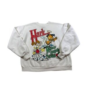 Vtg 90s Paws Garfield Sweatshirt XL White Christmas Ugly Holiday Odie Retro